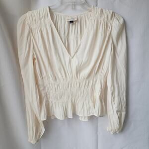 Universal Thread Cream Long Sleeve Smocked Blouse V-Neck Pleated, Women's Sz S